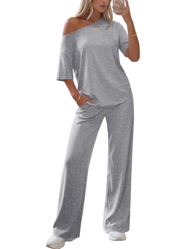 Ekouaer Women's Lounge Set Off Shoulder Short Sleeve Top & Long Pants Set - color: Light Gray, size: Large