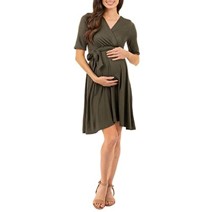 Mother Bee Maternity Knee Length Wrap Dress with Adjustable Belt - color: Dkolive, size: Medium