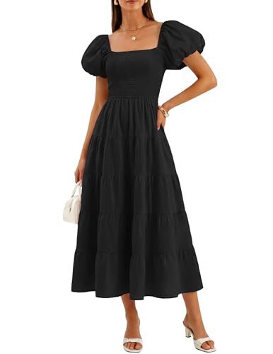 ZESICA Women Summer Puff Sleeve Boho Wedding Guest Midi Dress - color: Black, size: Small