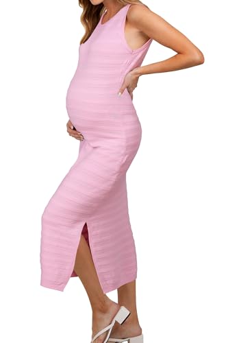 OUGES Women's Sleeveless Striped Bodycon Sweater Maternity Midi Dress - color: Light Pink, size: Small