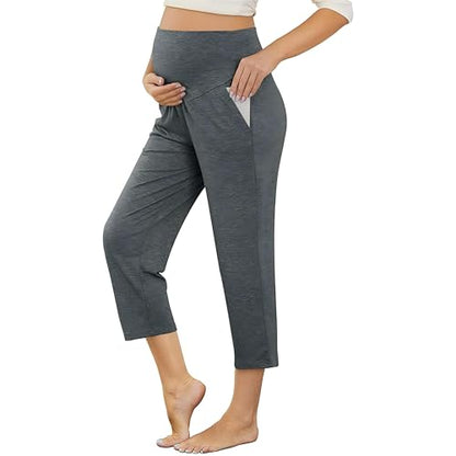 Maternity Capri Pants, Over The Belly Pregnancy Pants with Pocket - color: Dusty Gray, size: XX-Large