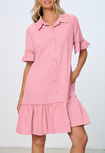 MEROKEETY Women's Summer Casual Tshirt Dress Button Down Shift Mini Dresses - color: Pink, size: Large