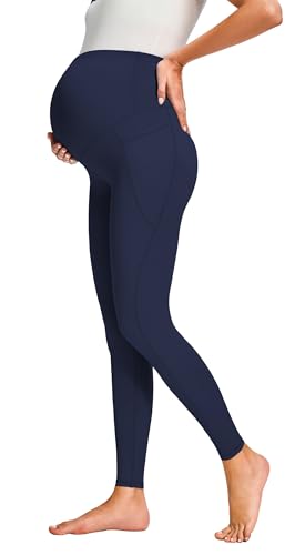 JOYSPELS Smooth Feeling Maternity Workout Leggings with Pockets Pregnancy Pants Over The Belly - color: Navy, size: X-Large