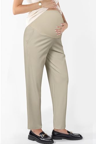 OUGES Women's Over Belly Straight Leg Maternity Pants with Pockets - color: Light Khaki, size: Small