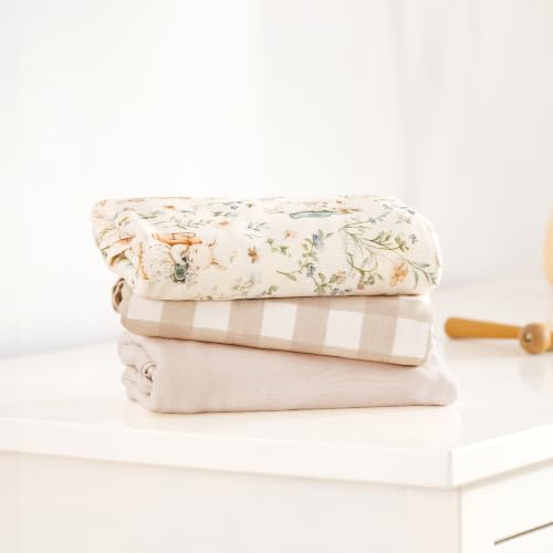 GRSSDER 3-Pack Ultra Soft Stretchy Jersey Knit Baby Swaddle Blankets, 33x44 - color: Bloom Bun & Gingham Check & Beige