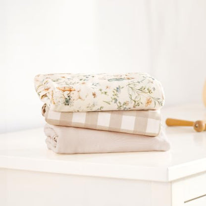 GRSSDER 3-Pack Ultra Soft Stretchy Jersey Knit Baby Swaddle Blankets, 33x44 - color: Bloom Bun & Gingham Check & Beige