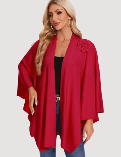 PULI Women Elegant Cross Front Floral Shawl Wraps Poncho Fall Winter - color: Red
