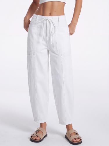 Drawstring Barrel Jeans for Women Elastic Waist Baggy Wide Leg Denim Pants - color: White, size: X-Large
