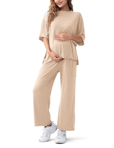Maternity Lounge Set, 2 Piece Matching Set with Wide Leg Pants - color: Apricot, size: Small