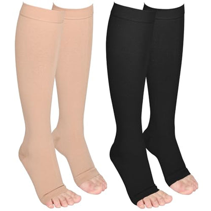 2 Pairs 20-30mmHg Knee High Compression Socks for Women, Open Toe - color: Beige & Black, size: 4X-Large