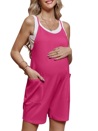 FMEYOA Maternity Romper Sleeveless Overall Shorts Jumpsuit with Pockets - color: Rose Red, size: Small