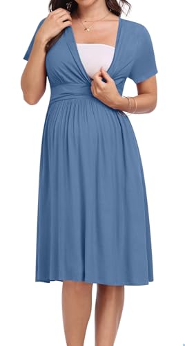 Maternity Dress Summer Wrap Baby Shower Pregnancy Nursing - color: Indigo Blue, size: 3X-Large