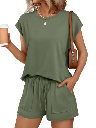 AUTOMET Womens 2 Piece Summer Matching Lounge Short Sets with Pockets - color: Army Green, size: XX-Large