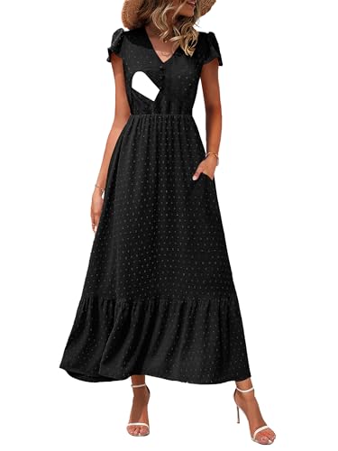 CzzzyL Women Nursing Dresses Cap Short Sleeve V Neck Swiss Dot with Pockets - color: S-black, size: Small