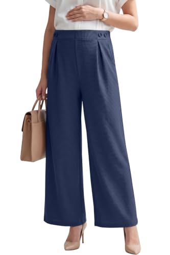BLENCOT Maternity Pants Work Waffle Knit Wide Leg Pregnancy Trousers - color: Navy Blue, size: Medium