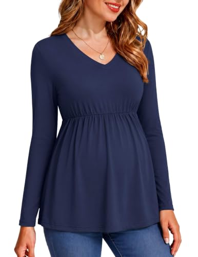 Ekouaer Maternity Shirts for Women Long Sleeve V Neck Fall Tops Clothes - color: Navy Blue, size: Small