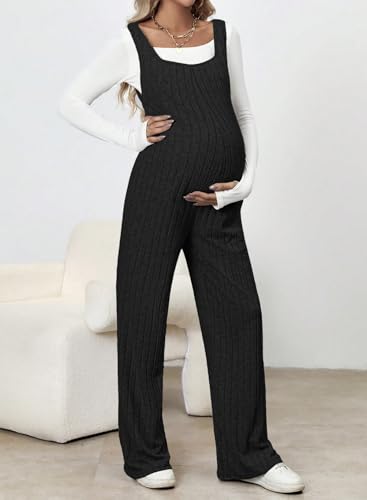 BLENCOT Maternity Jumpsuit Sleeveless Square Neck Wide Leg Pants Romper - color: Black, size: Large