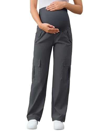 AMPOSH Women's Maternity Cargo Pants with 6 Pockets Quick-Dry Pregnancy Hiking Pants - color: Dark Gray, size: Medium