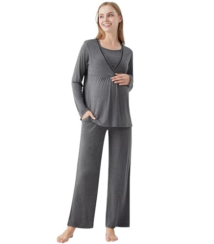 WiWi Maternity Pajamas 2 Piece Bamboo Viscose Nursing Pajamas for Women Breastfeeding for Hospital Daily Sleepwear S-XXL - color: Dark Heather Grey, size: Medium