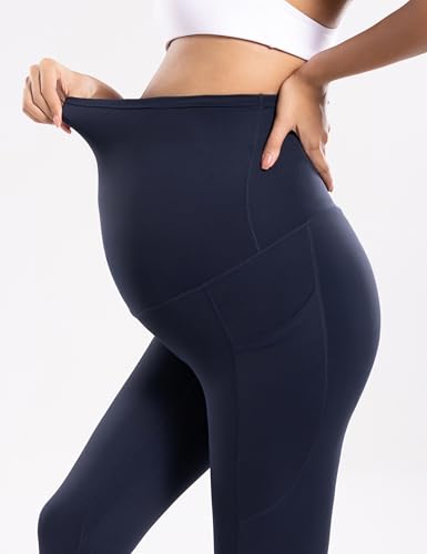 POSHDIVAH Maternity Workout Leggings with Pockets Ultra Soft Yoga Pants - color: Deep Navy, size: Medium
