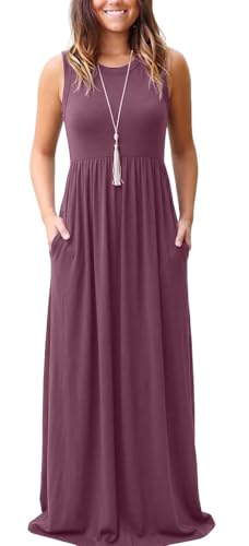 Women's Summer Sleeveless Loose Maxi Dress Casual Long Dresses with Pockets - color: Mauve, size: Medium