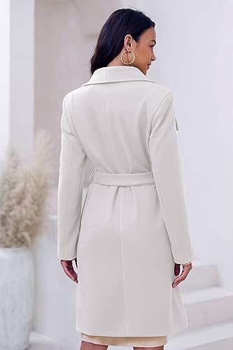 Cicy Bell Women's Pea Trench Coat Lapel Collar Long Jacket Open Front Belted Overcoat with Pockets - color: White, size: Small