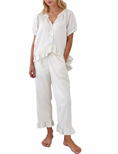 COZYPOIN Womens Cotton Pajamas Set Cute Ruffle Pjs - color: White, size: Medium