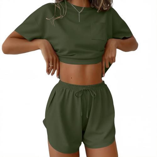 Ekouaer Womens Pajama Sets Sexy Lounge Sets Side Split Short Pj Sets - color: Army Green, size: Large