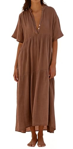 R.Vivimos Womens Summer Cotton Casual Flowy Maxi Dress - color: Brown, size: Small