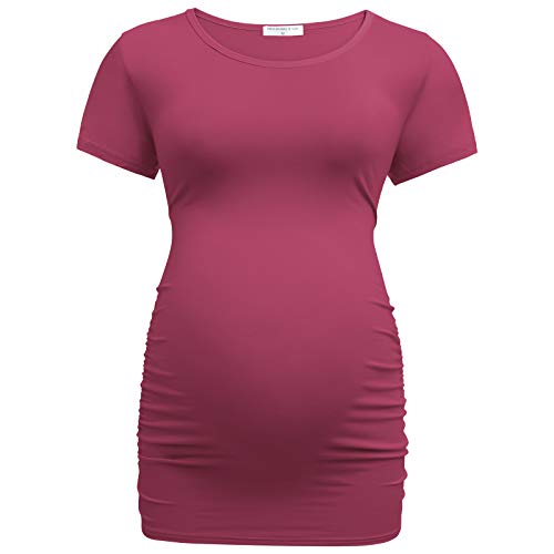 Bearsland Womens Maternity Tshirt 3 Packs Classic Side Ruched Tee Top Mama Pregnancy Clothes - color: Black+russetred+witstripe(3pcs), size: Small