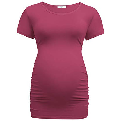 Bearsland Womens Maternity Tshirt 3 Packs Classic Side Ruched Tee Top Mama Pregnancy Clothes - color: Black+russetred+witstripe(3pcs), size: Small