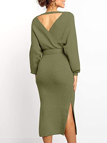 Womens Maxi Sweater Dress Long Sleeve Batwing Wrap V Neck Fall Dresses - color: 1-army Green, size: X-Large
