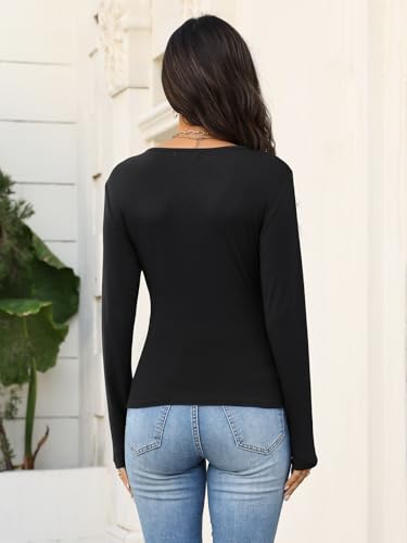 EasyGala Womens Wrap Long Sleeve Shirts Dressy Casual Slim Fit Ruched Tops - color: Black, size: Medium