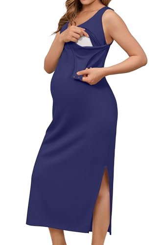OUGES Womens 2026 Summer Maternity Nursing Dress Split Midi Sleeveless Breastfeeding Dress Scoop Neck Pregnancy Clothes - color: Navy, size: Medium