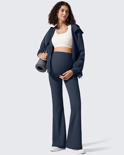 G4Free Ribbed Maternity Pants Yoga Flare Pregnancy Leggings Casual - color: Dark Navy, size: Medium