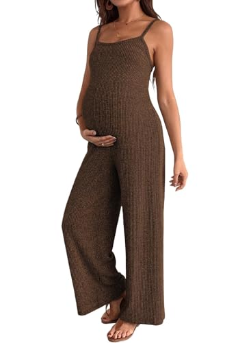 BLENCOT Maternity Ribbed Jumpsuit Stretchy One Piece Wide Leg Romper - color: Brown, size: Small