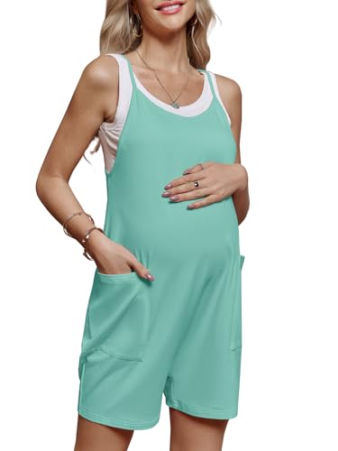FMEYOA Maternity Romper Sleeveless Overall Shorts Jumpsuit with Pockets - color: Mint Green, size: Medium