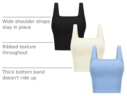 Womens 3Pk Crop Tank Tops Square Neck Workout Top - color: Black + Beige + Light Blue, size: X-Large