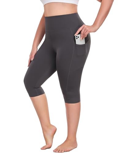 16" Womens Plus Size Capri Yoga Pants with Pockets 16" Knee Length - color: Grey, size: XX-Large Plus