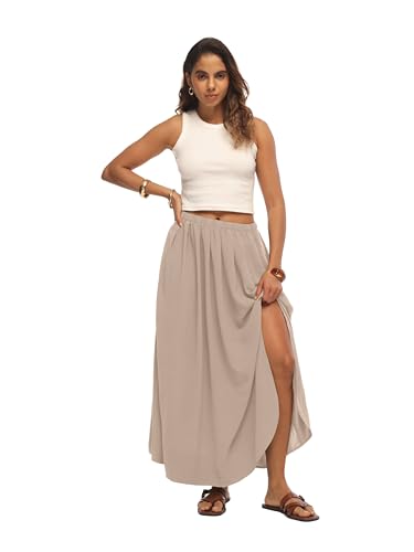 HiMONE Womens Maxi Skirt High Waisted Flowy A Line with Side Slit - color: Apricot, size: Small