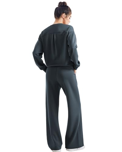 SUUKSESS Women 2 Piece Outfits Fall Oversized Sweatshirt Wide Leg Pants - color: Grey Blue, size: Small