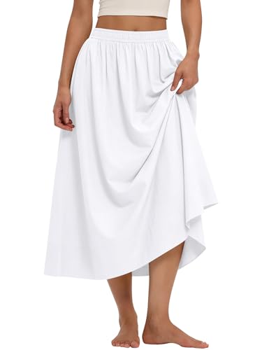 LOMON Midi Skirts for Women with Pockets A-Line Cotton Flowy Elastic Waist - color: White, size: X-Large