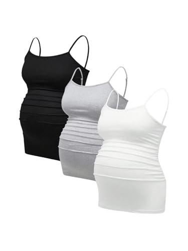 BEAUDRM Women's 3 Pack Maternity Tank Tops Casual Ruched Spaghetti Strap Pregnancy Cami Top Camisole - color: Black and Grey and White, size: Medium