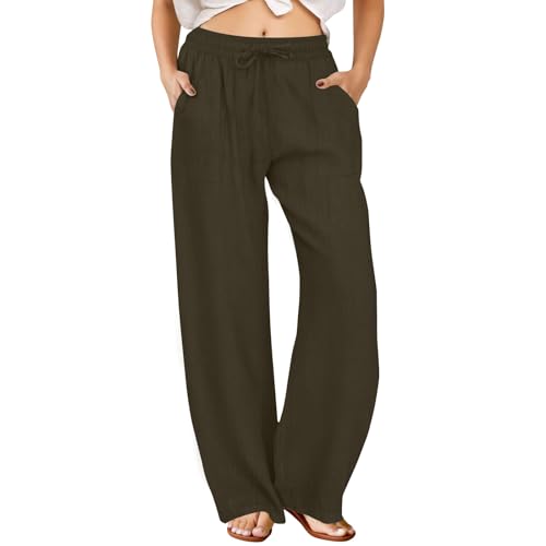 FireSwan Linen Pants Women Drawstring Elastic Waist Wide Leg Palazzo Pants - color: Brown, size: X-Large