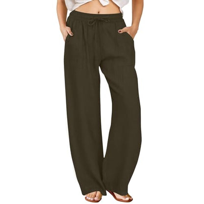 FireSwan Linen Pants Women Drawstring Elastic Waist Wide Leg Palazzo Pants - color: Brown, size: Medium