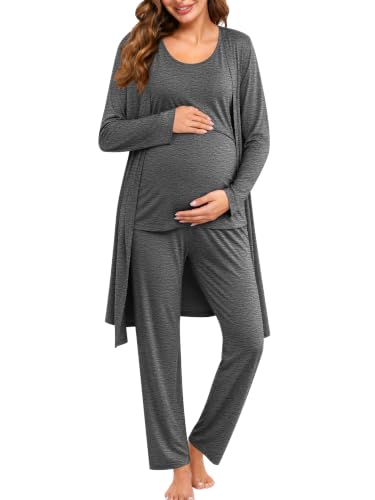 SWOMOG Maternity Nursing Robe Set 3 PCS Women Postpartum Pajamas Breastfeeding Labor Delivery Hospital Pregnancy Pjs - color: Deep Grey, size: XX-Large