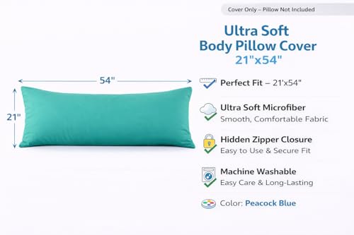 EVOLIVE Body Pillow Cover 21"x54", Microfiber, Hidden Zipper (Peacock Blue) - color: Peacock Blue