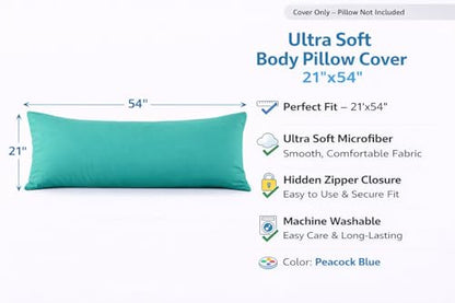 EVOLIVE Body Pillow Cover 21"x54", Microfiber, Hidden Zipper (Peacock Blue) - color: Peacock Blue