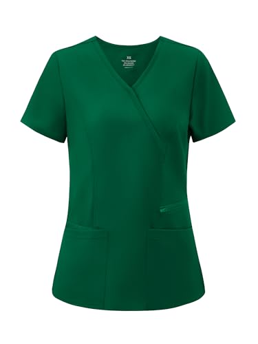 Scrub Tops for Woman, Mock Wrap Tops - color: Hunter Green, size: X-Large