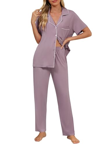Senert Womens 2 Piece Pajamas Set Button Down Top and Pants Soft Sleepwear - color: Violet, size: Medium